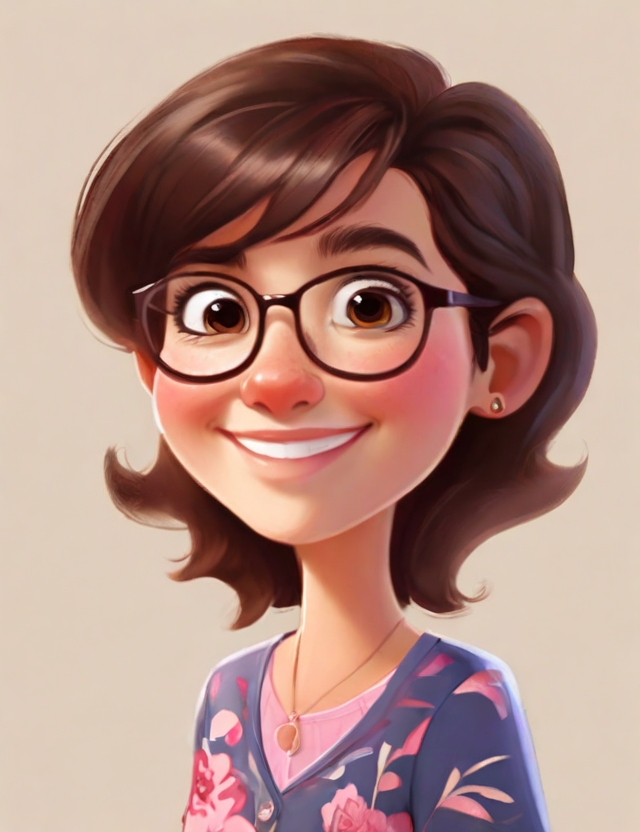 Cartoon image of a woman with brown hair and glasses smiling.